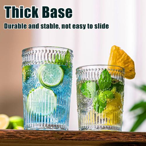 Vintage Drinking Glasses, Textured Clear Striped Glass Cups-6 Highball Glasses 13oz & 6 Rocks Glasses 10oz, Ribbed Glassware Set, Mojito Cups, Cocktail Glass, Iced Coffee Cup