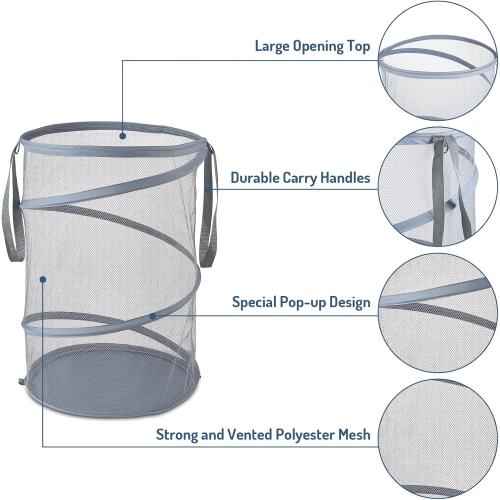 Mesh Popup Laundry Hamper 115L Collapsible Laundry Basket Extra Large Capacity Foldable Clothing Storage Basket with Handles 26 H x 18 W x 18 L (Gray)