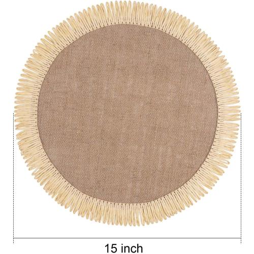 FunWheat  Round Jute Placemats Set of 6  Braided Burlap Table Mats for Dining Table, Heat Resistant Farmhouse Woven Placemats for Fall Farmhouse Decor (Coarse-Edged Sunflower)