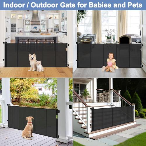 BLACK Reinforced Retractable Baby Gates with Support Beam 60 Wide Retractable Dog Gate Indoor Prevent Children and Dogs from Crawling Under Outdoor Dog Gate for Deck Mesh Gates for Kids or Pets, Black