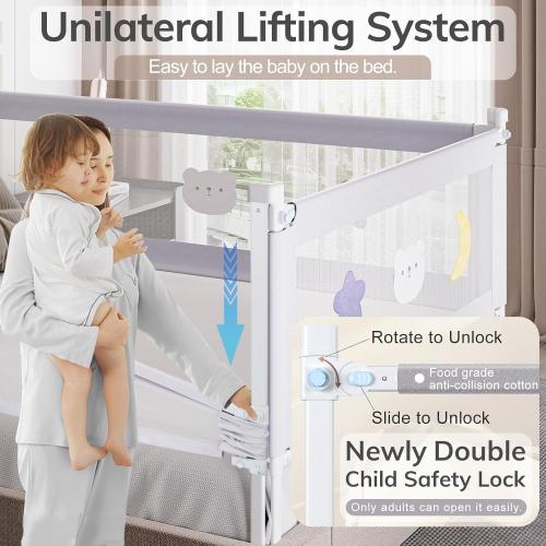 omzer 3-Piece Bed Rails for Queen Bed - Height Adjustable Bed Rail for Toddlers with Double Child Lock, Bed Rail for Baby Kids with Pattern, Infants Toddler Bed Gate for Queen Size Bed, 78.7x78.7x59”