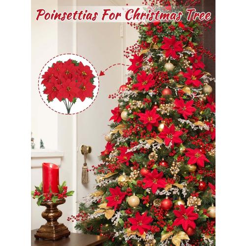 Artflower Christmas Decorations - 6 Pack Poinsettias Artificial Christmas Flowers, Fake Red Velvet Artificial Poinsettias Flowers for Christmas Tree Home Party Porch Yard Indoor Outdoor Decor