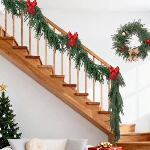 2Pcs 6 FT Artificial Christmas Norfolk Pine Garlands, Real Touch Christmas Garland, Greenery Garland for Mantle, Table, Fireplace, Wall, Stairs Winter Holiday Indoor Outdoor Xmas Decor