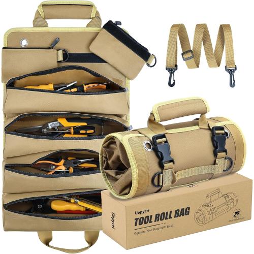Roll Up Tool Bag, Heavy Duty Tool Organizer with 2 Detachable Pouches, Durable Tool Storage for Men, Women, Husband, Handyman, RV Owners, Khaki