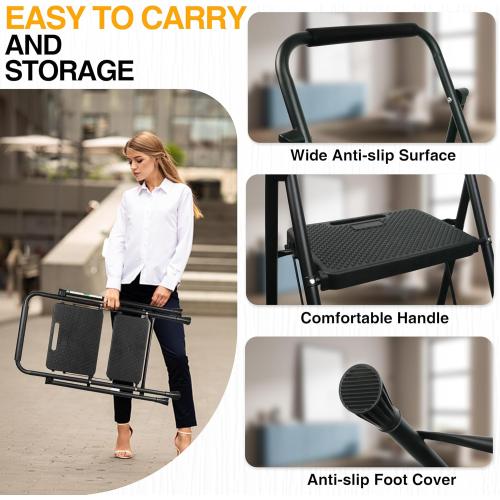 Step Ladder, Portable Steel Folding Step Stool with Wide Anti-Slip Pedal & Convenient Handgrip, Sturdy Steel Ladder, 2-Step, Black