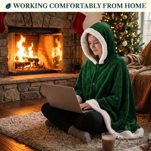 PAVILIA Sherpa Fleece Wearable Blanket for Adult Women, Cozy Plush Blanket Poncho Cape with Hood, Super Soft Shawl, Angel Wrap Throw for Office, Emerald Green