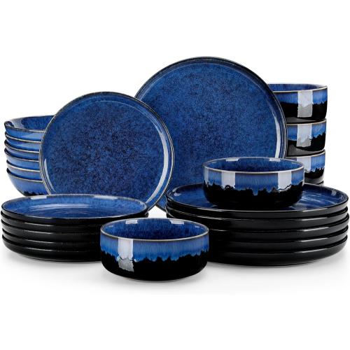vancasso Starry Plates and Bowls Sets for 6, 24 Pieces Dinnerware Sets, Blue Reactive Glaze Dishes Sets for Kitchen, Scratch Resistant Stoneware Dishes Set, Dishwasher and Microwave Safe