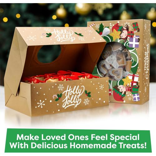 Christmas Cookie Boxes for Gift Giving - 12 Kraft Christmas Cookie Tins With Lids - Sturdy Christmas Treat Boxes, Christmas Tins - Festive Christmas Cookie Box Packaging - Cookie Boxes with Window
