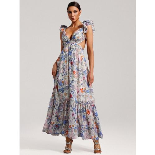 XL Neck Strappy Floral Maxi Puff Sleeves Tea Party Dress Cut Out Waist Detail Pleated Boho Dress