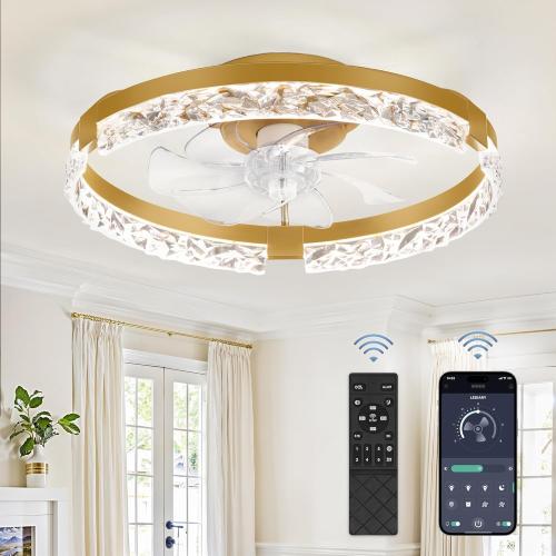 LEDIARY 20 Inch Low Profile Ceiling Fans with Lights and Remote, Fandelier Ceiling Fan Flush Mount, 3000K-6000K Dimmable LED Fan Light, Gold Modern Ceiling Fans with Lights for Bedroom