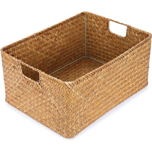 Hipiwe Seagrass Storage Baskets Bin for Shelf,  Handwoven Wicker Baskets Built-in Handles Rectangular Closet Bedroom Organizer Box Multipurpose Pantry Basket,Caramel Color