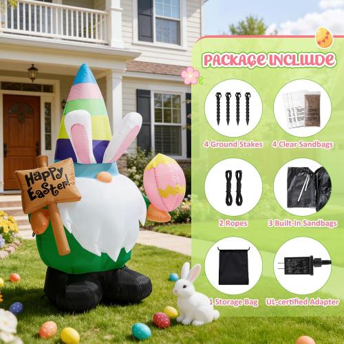 Dawdix 4.6 FT Easter Inflatable Gnome Outdoor Decoration, Blow Up Rabbit Gnome Holding Eggs with Built-in LEDs for Lawn Yard Garden Decor