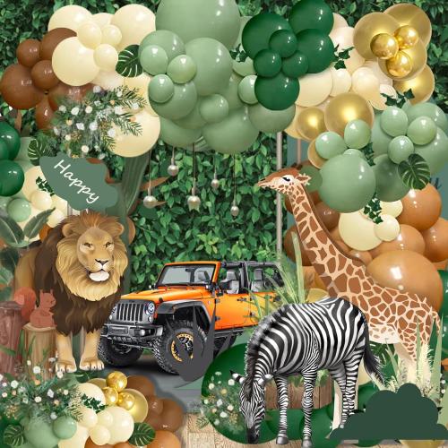 142pcs Jungle Safari Wild One Balloon Arch Kit, Sage Green and Brown Balloon Garland with Palm Leaves for Woodland Tropical Shower Birthday Jungle Party Decoration