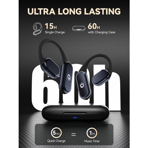 Color Black Demicca True Wireless Bone Conduction Earphones, OWS Open Ear Headphones with Earhooks, Bluetooth 5.3, Up to 60H Playtime with Case, IP68, AAC/SBC, for Cycling Yoga Workouts