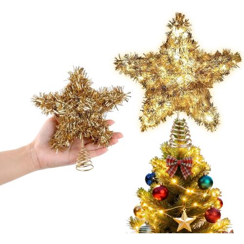 LAWOHO Christmas Tree Topper Star, Vintage Christmas Decor, Mini Shiny Golden 6 Inch Christmas Tree Decoration with 6H Timer, 20 Warm Lights for Xmas Tree, Holiday & Party, Indoor Home