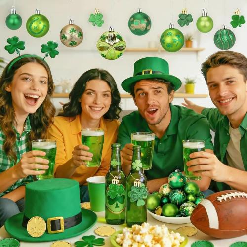 36Pcs Hanging Ball Ornaments St Patricks Day Decorations, Shamrock Tree Ornaments Irish Festival Good Luck Clover Green Gold Ball for Party Home Spring Shelf Shamrock Decorations