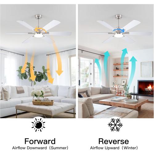 OURSTAR Ceiling Fans with Lights and Remote Control, Brushed Nickel Ceiling Fan with Light 3-Color Dimmable, Memory for Lighting and Fan Reversible, 6-Speed, Timer, Indoor/Outdoor Use, 52 Inch