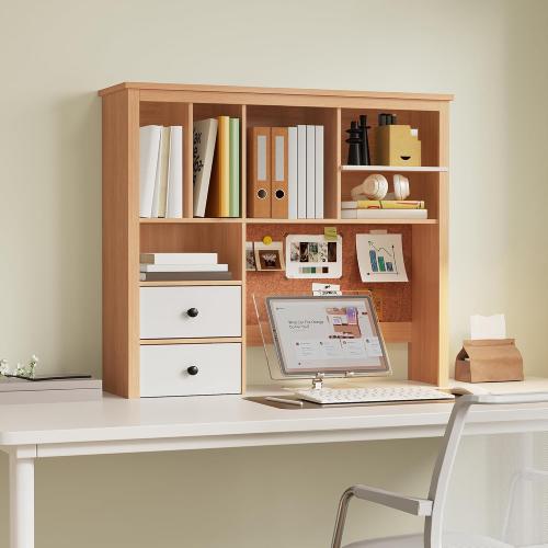 Treocho Desktop Hutch Bookshelf with Cork Board for Photos and Reminders, Maple Desk Organizer with Drawers and Shelves, Study Desk Hutch for College Dorm, Student Bedroom, Compact Study Spaces