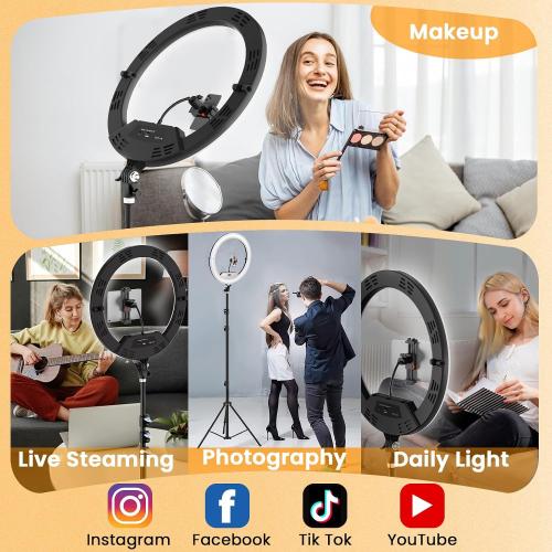 22 Large Ring Light with Stand, Upgraded Foldable LED Big Ringlight with 75 Tripod & Mini Tripod Wheel Tray for Live Tattoo Makeup Video Recording Barber Photography