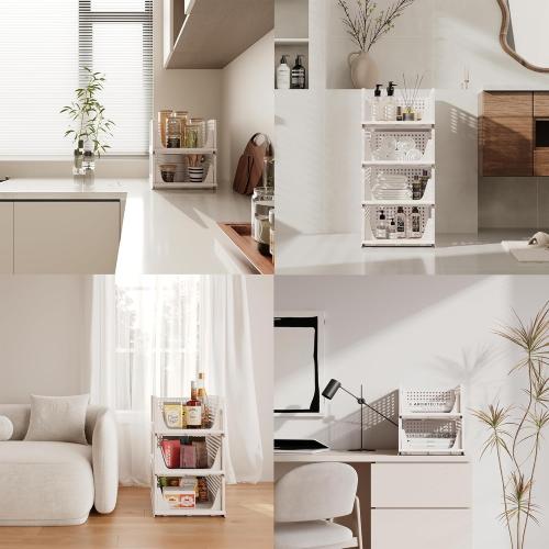 Pinkpum Stackable Plastic Storage Basket, Foldable Closet Organizers, Drawer Shelf Storage Container/Bins for Wardrobe Kitchen Bathroom Office Dorm, White, 4 Packs