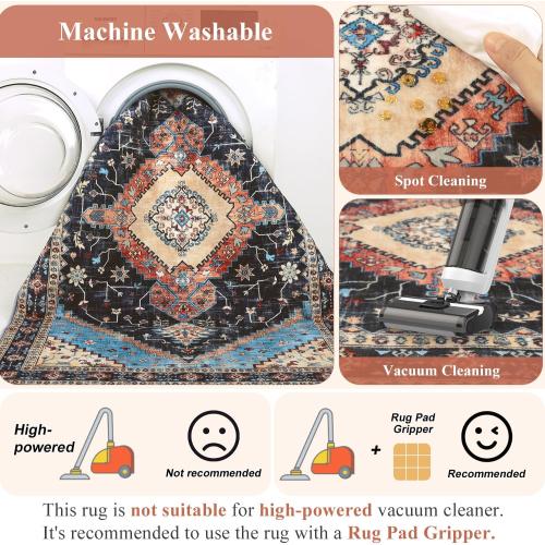 Yamaziot Washable Area Rugs 5x7 – Non Slip Boho Vintage Rug for Bedroom, Low Pile Floor Carpet Soft Distressed Rug for Living Room, Bedroom, Dining Room, Black Navy Blue