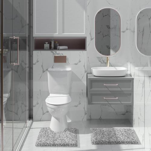 Yimobra Fluffy Toilet Rugs U Shaped, Shaggy Soft Comfortable Non Slip, Water Absorbent Microfiber Bath Mat, Dries Quickly, Machine Washable Thick Bathroom Floor Rugs, 24x 20, Light Gray and White