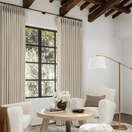 Taupe Linen Pinch Pleated Curtains 63 Inch Length 2 Panels for Living Room | Taupe, Modern, 63 Inch Long, Light Filtering, Privacy, Bedroom, Living Room, Burlap Textured, Memory Shape, Boho Modern