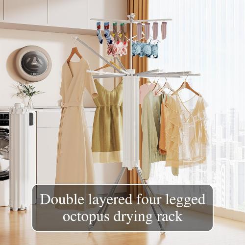 JOOM 4 Legs Double Layer Clothes Drying Rack, Garment Rack Portable and Foldable Space Saving Laundry Drying Rack - Drying Rack Clothing Floor Folding Balcony Bedroom Household Aluminum