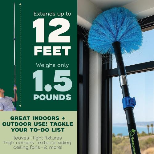 5-to-12ft Telescoping Durable Duster with Extension Pole – Lightweight 3 Stage Cobweb Duster – Extendable to 20ft Reach for Cleaning High Ceilings and Spider Webs