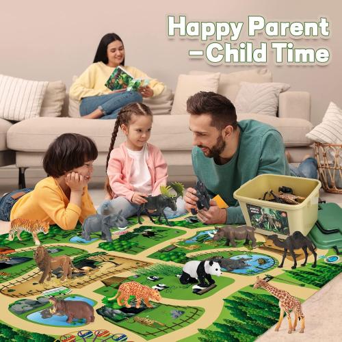 FRUSE Safari Animals Figures Toys w/ 57”x38.5”Jumbo Play Mat,12PCS Realistic Jungle Wild Zoo Animals Figurines Playset with Panda,Lion,Elephant,Educational Learning Toys for Toddlers Kids