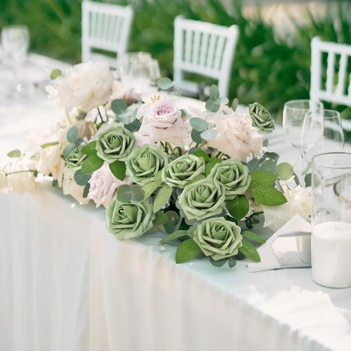 Mocoosy 50Pcs Rose Artificial Flowers, Sage Green Fake Roses for Decorations, Real Touch Elf Green Foam Roses with Stems DIY Wedding Bouquet Bridal Shower Centerpieces Floral Arrangements Home Decor
