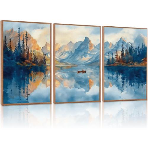 KAIRNE Landscape Wall Art Set of 3(24”X36”),Abstract Forest Canvas Paintings,Watercolor Blue Mountain Lake Prints,Framed Nature Scenery Artwork for Living Room Bedroom Home Office Gallery Decoration