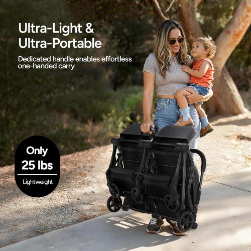 Mompush Lithe Double Stroller for Infant and Toddler, Lightweight Side by Side Twin Stroller, Only 25 lbs, 30-Inch Slim Fit Through Doorways, One-Step Fold, Independent Recline, UPF 50  Canopy