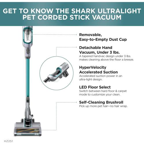 Shark HZ251 Ultralight Corded Stick Self-Cleaning Brushroll, Perfect, Converts to Hand Vacuum, LED Headlights, - Pet Crevice & Upholstery Tools, Teal.32 Quarts Capacity
