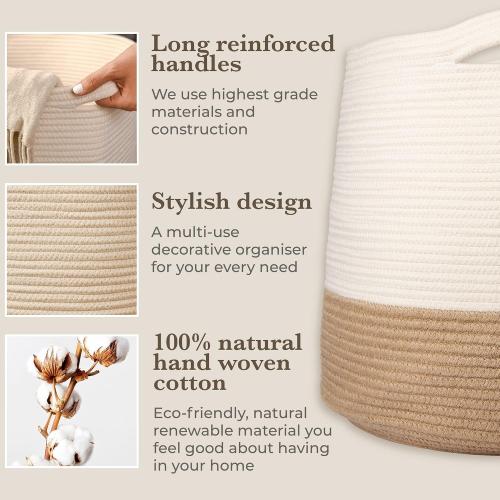GooBloo Woven Blanket Basket - 17 x 17” - Large Tall Decorative Laundry Hamper with Handles - Cotton Rope Storage for Baby Nursery or Living Room