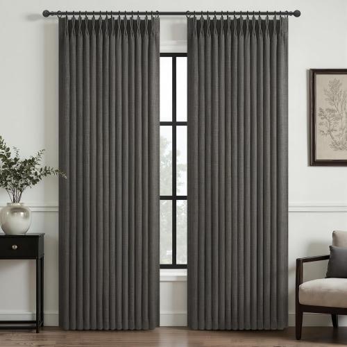 Pinch Pleated Blackout Curtains 90 Inches Long for Bedroom 2 Panel Set, Memory Trained Dark Grey Two Layer Thick Linen Sound Dampening Thermal Rustic Windows Curtain for Living Room Darkening Drapes