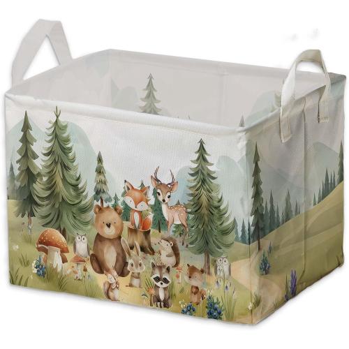 Cute Animals Storage Baskets, Woodland Nursery Decor, Woodland Baby Shower Decorations, Large Squarecanvas Laundry Hamper With A Waterproof PECoating, Foldable Kids Toy Clothes Bins for Bedroom