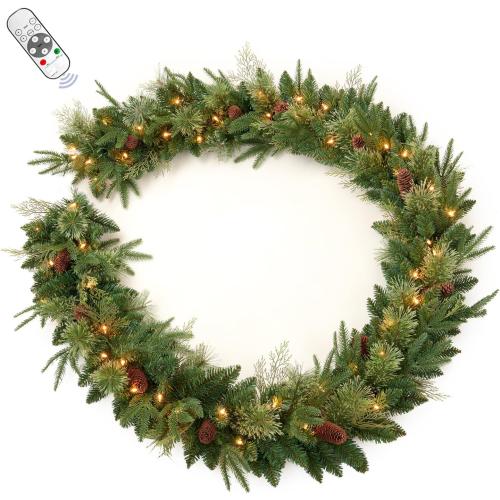 9FT Prelit Artificial Christmas Garland with Dual Color LED Lights and Timer by Remote Control and Batteries Operated for Mantle Stairs Fireplace Door Xmas Decoration, Indoor Outdoor, Green