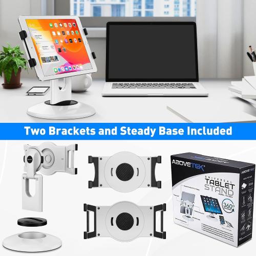 AboveTEK Retail Kiosk iPad Stand, 360° Rotating Commercial POS Tablet Stand, Fits 6-13 (Screens) iPad mini Pro-Business Swivel Tablet Holder, for Store Office Reception Kitchen Desktop (White)