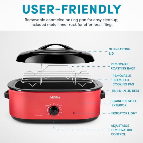 AROMA 18Qt. Roaster Oven with Self-Basting Lid, Fits 22-lb. Turkey, Adjustable Temperature Settings, Keep Warm Setting, Red
