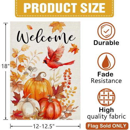 Dyrenson Welcome Fall Pumpkin Cardinal Decorative Garden Flag, Autumn Thanksgiving Harvest Red Bird Yard Outside Home Decoration, Farmhouse Leaves Burlap Outdoor Small Decor Double Sided 12 x 18