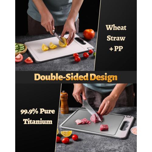 Titanium Cutting Board Double Sided for Kitchen,Knife Sharpener & Garlic Grater Wheat Straw   PP with Juice Groove Large Chopping Board（15×10In） Kitchen Necessities for Home
