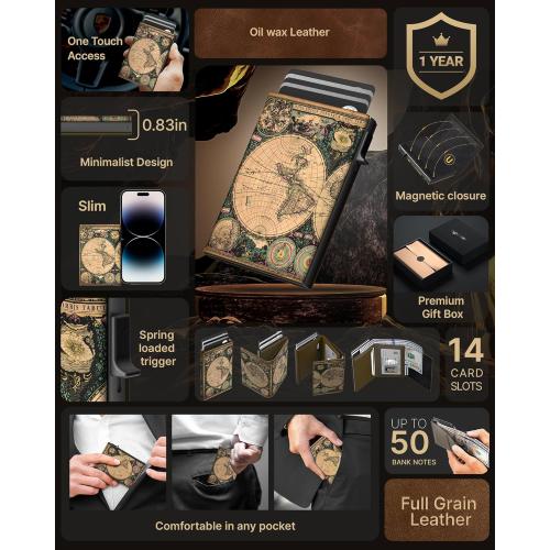 typecase Mens Wallet Card Holder: Pop Up Aluminum Case, Carbon Fiber Leather, Smart, RFID Blocking, Slim, Minimalist, Front Pocket - 9-14 Card Capacity | ID Window | Cash Slot (Map)