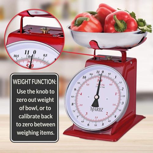 MARLIZ 11 lb/ 5Kg Mechanical Food Scale - Analog Kitchen Scale with 2 Bowls (Grams & Ounces) | Balanza de Cocina - Red Meat Scale