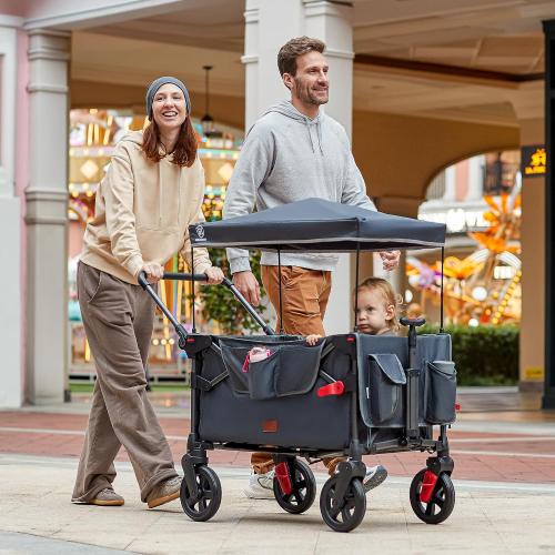 EVER ADVANCED Wagon Stroller for 2 Kids, Compact One-Step Fold Stroller Wagon with Adjustable Push/Pull Handles, Folding Wagon for Travel, Park & Beach, Includes Removable UV Canopy, Grey