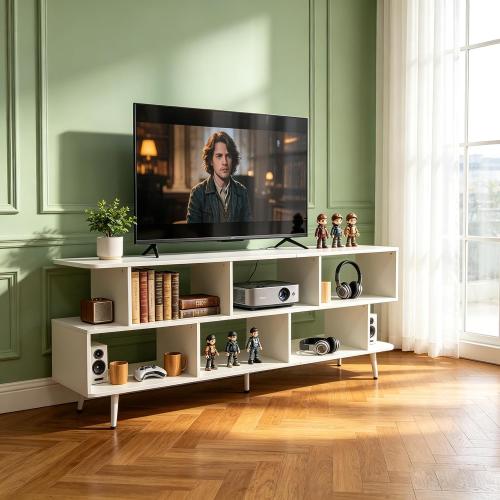 65 White TV Stand with Power Outlet for TVs up to 75, Large Entertainment Center with 8 Open Shelves,Media Console Table for Living Room/Entrance/Kitchen/Sofa Cabinet, Easy Assembly