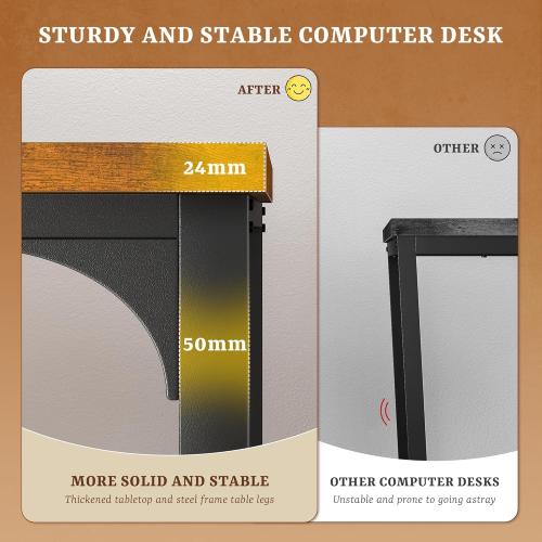 55 x 24 inch Desk with Power Outlets, Computer Desk with Monitor Stand & Light & Storage Bag, 0.95 Inch Thicker Desktop of Office Desk, Writing Desk for Home Office, Study, Bedroom, Brown