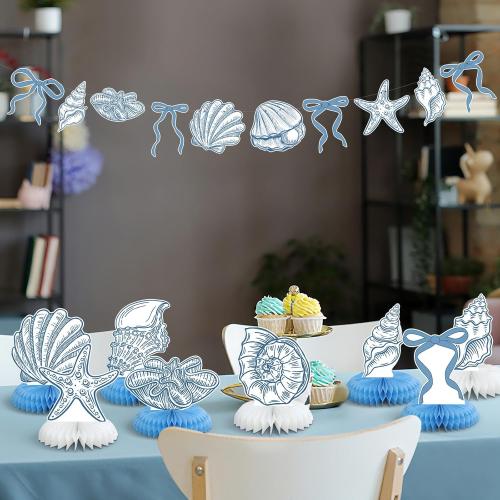 12 Pcs Blue Bow & Seashell Birthday Party Table Decor, Blue Bow Honeycomb Centerpieces, Summer Coastal Beach Party Decor, Starfish Seashell Table Topper for Birthday Bachelorette Bridal Wedding