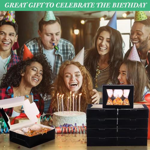 TaoBary 100 Pcs 8 Inch Bakery Boxes 8 x 6 x 2.5 Inch Cookie Pastry Boxes with 2 Style Window for Cookie Treat Chocolate Strawberries Cupcakes Candy Muffins(Black)