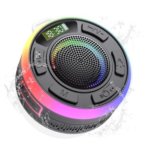IPX7 Waterproof Shower Bluetooth Speaker, Portable Small Speaker with Suction Cup and Time Display, Loud Crystal Sound & Bass 10H Playtime 1100mAh, Wireless Shower Speakers for Pool, Beach Gift Black